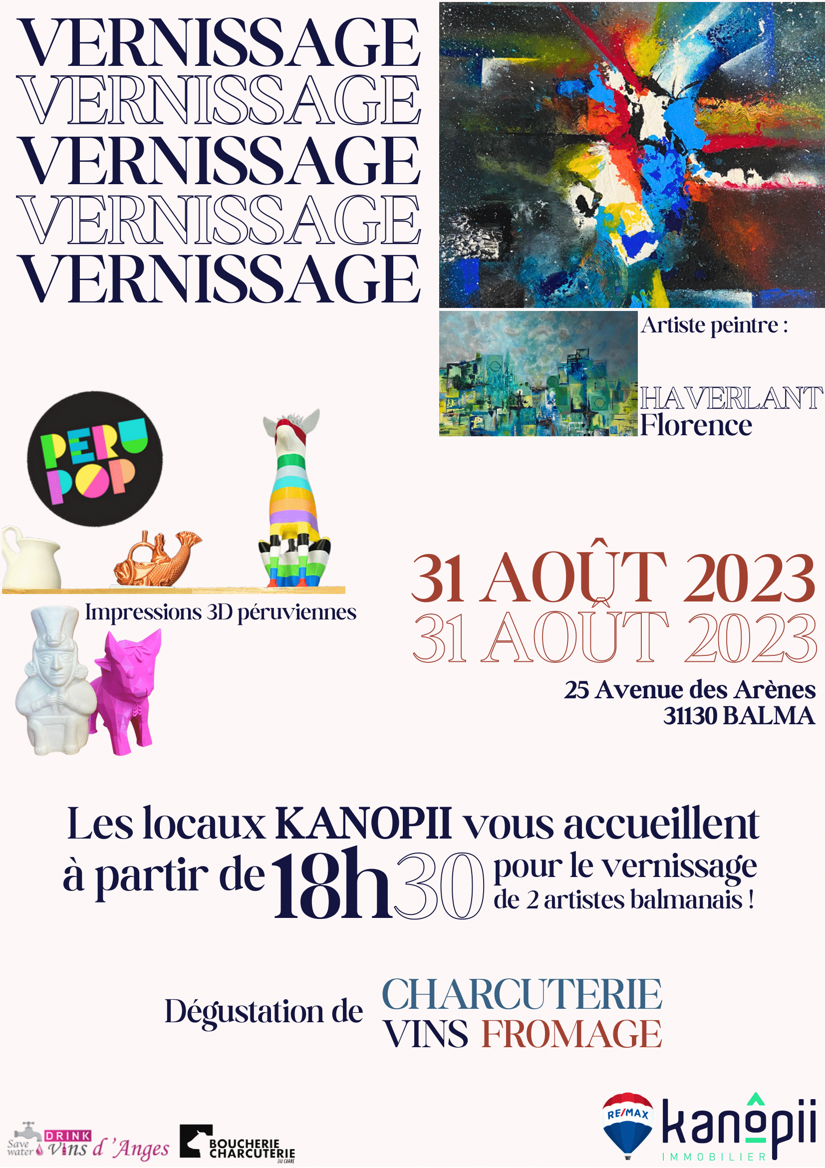 Invitation au vernissage de l'artiste peintre Florence Haverlant dans les locaux de l'agence Kanoppi à Balma.
