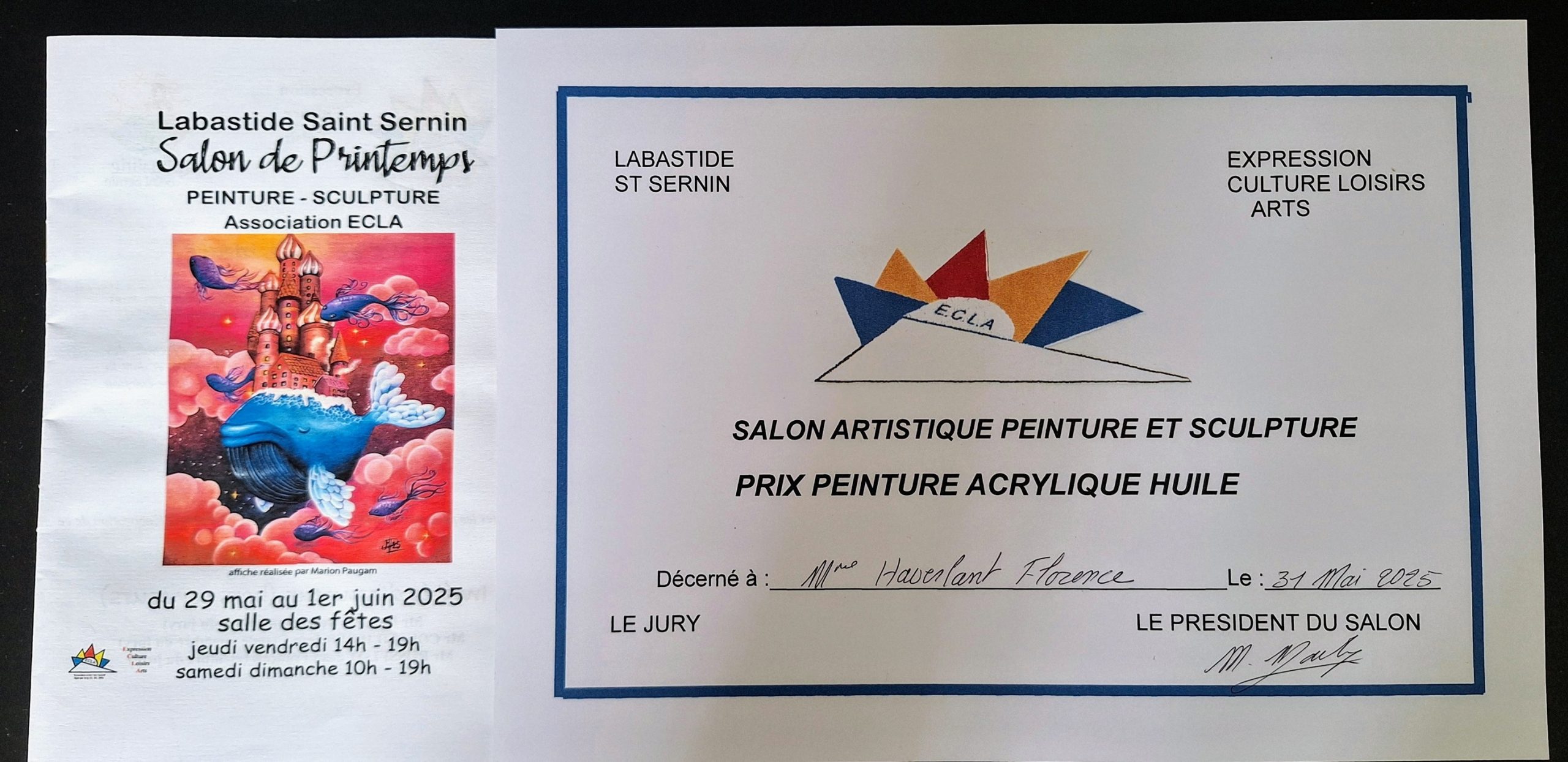Affiche et prix du jury au salon de printemps de l'association ECLA pour l'artiste peintre Florence Haverlant