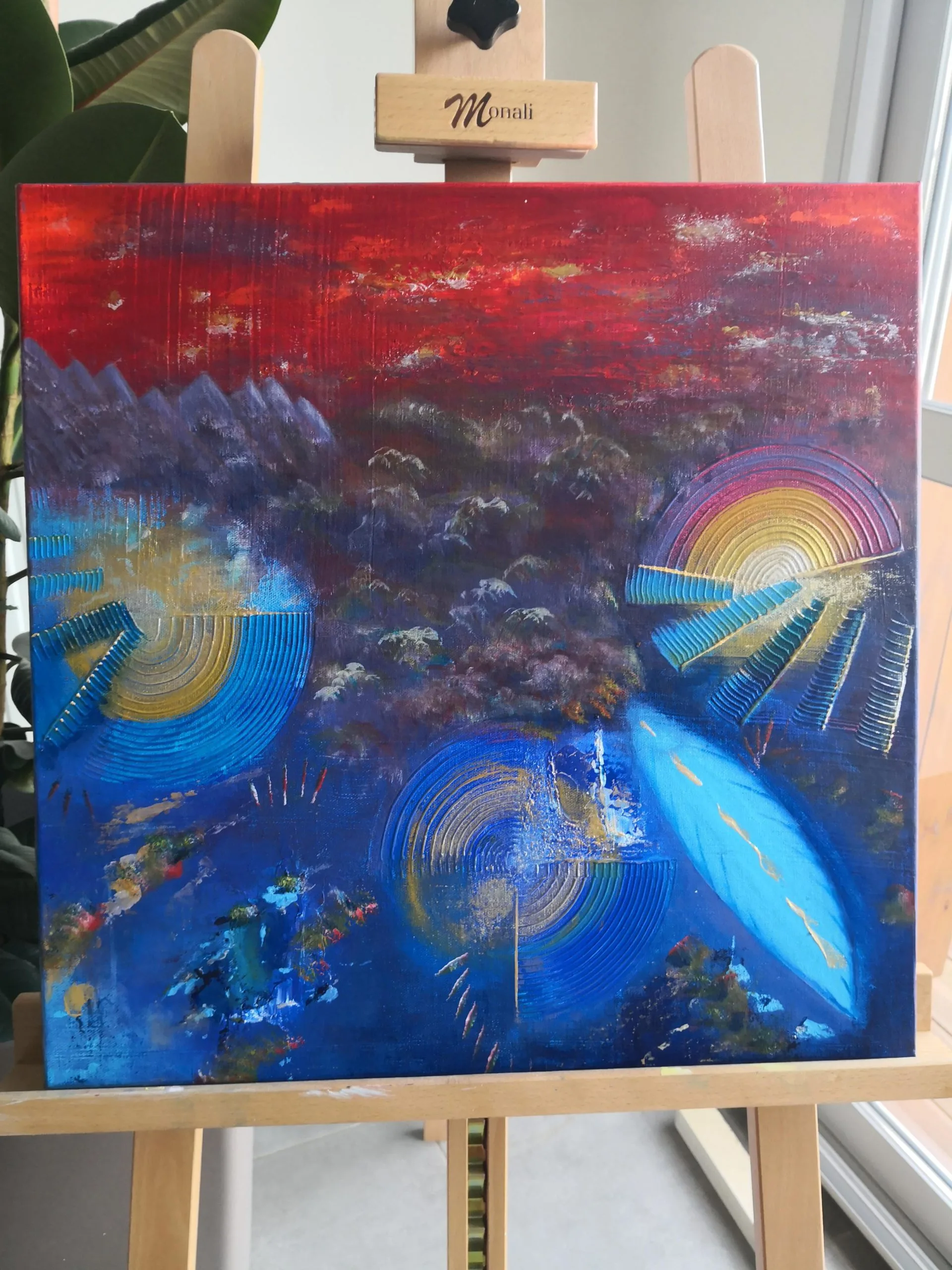 La toile Souffle de Vie, peinture abstraite de l'artiste peintre Florence Haverlant, sur un chevalet