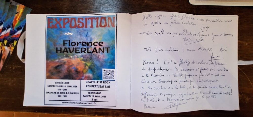Page du livre d’or avec l’affiche de l’exposition de Florence Haverlant