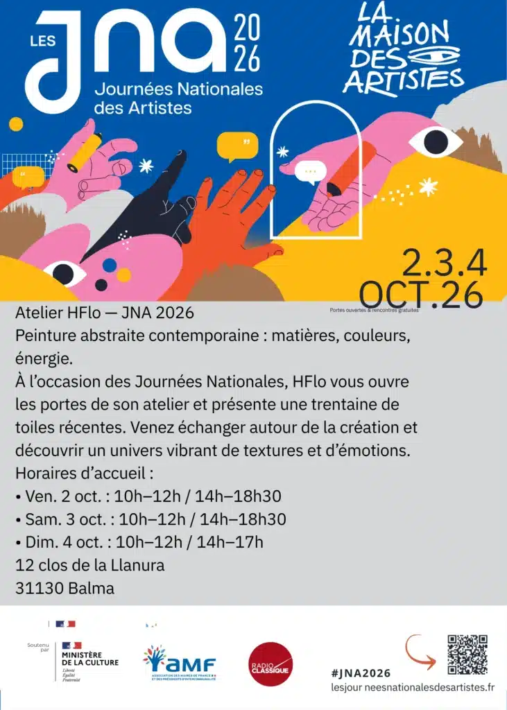 Affiche des Journées Nationales des Artistes 2026 présentant l'ouverture de l'atelier HFlo à Balma du 2 au 4 octobre 2026.