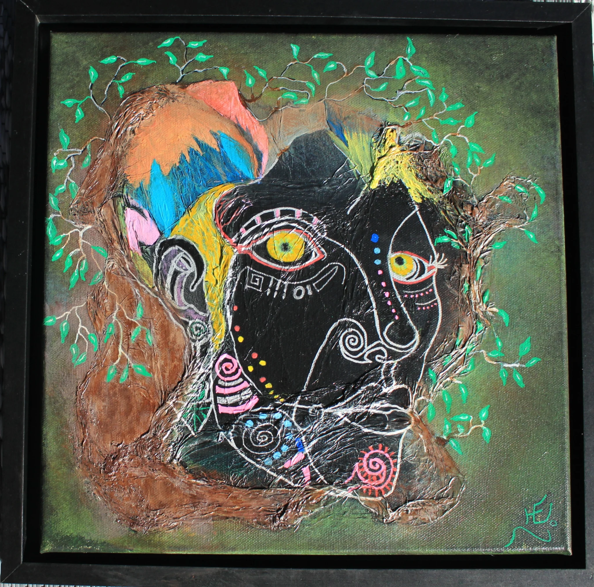 Le Secret de la Canopée, peinture abstraite contemporaine de Florence Haverlant représentant un visage fusionné avec la nature et la canopée.