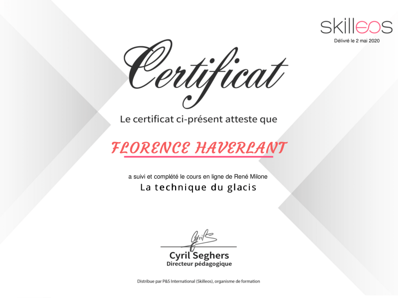 Certificats de formation à la technique du glacis suivie par l'artiste peintre Florence Haverlant.