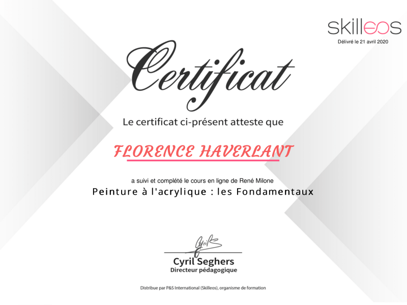Certificats de formation à la peinture à l'acrylique suivie par l'artiste peintre Florence Haverlant.