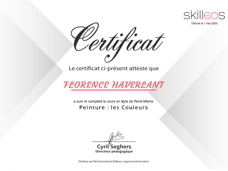 Certificats de formation à l'utilisation des couleurs suivie par l'artiste peintre Florence Haverlant.