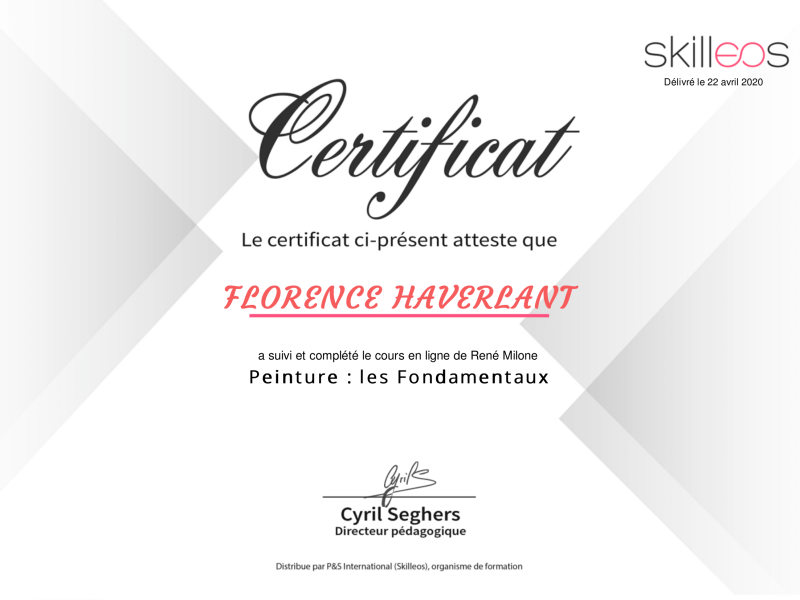 Certificats de formation à la peinture suivie par l'artiste peintre Florence Haverlant.